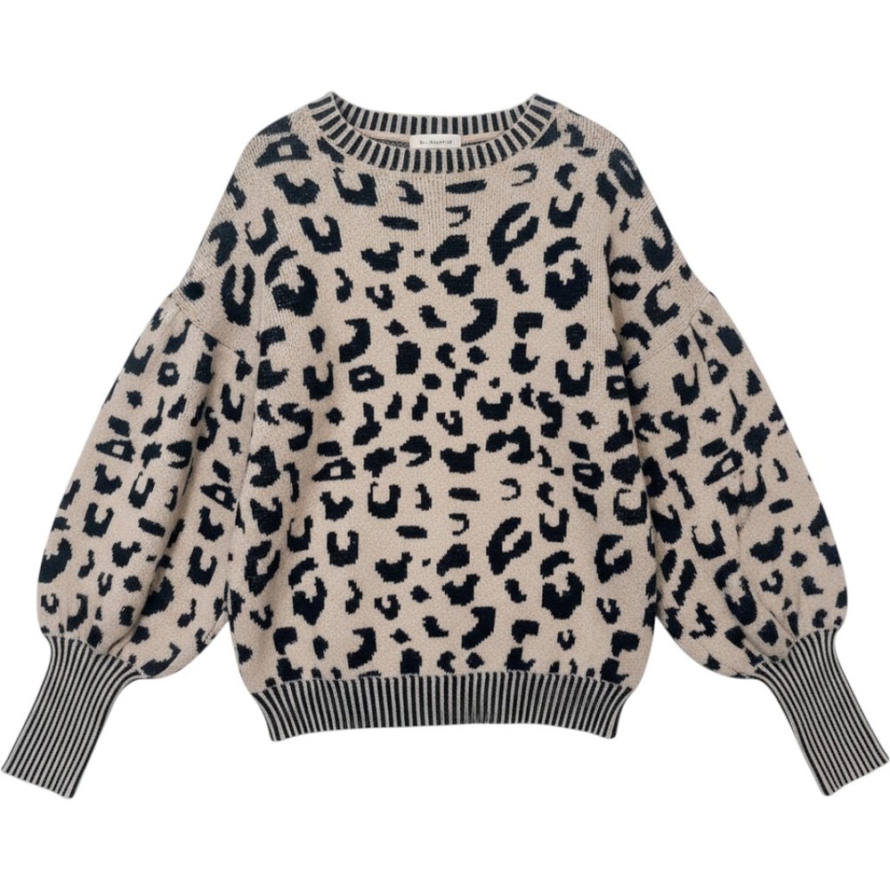 JODIFL Women Leopard Print Puff Sleeve Sweater Size M Animal Print Knit Neutral